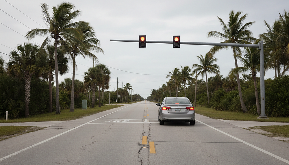 A car stopped at a traffic light on a palm-lined Florida road