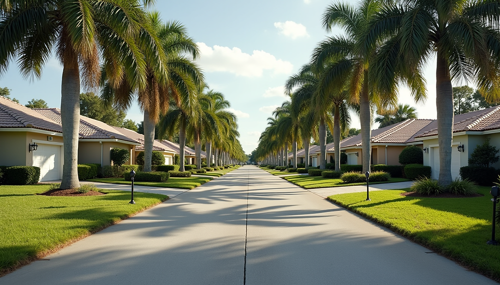 A quiet Florida residential street lined with palm trees and single-story homes