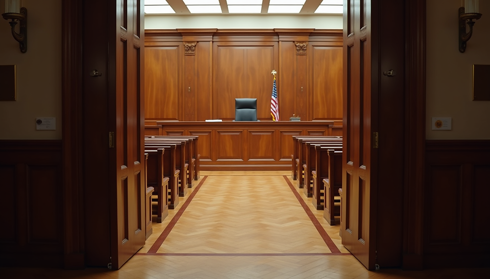 Open wooden doors leading down the aisle of an empty courtroom