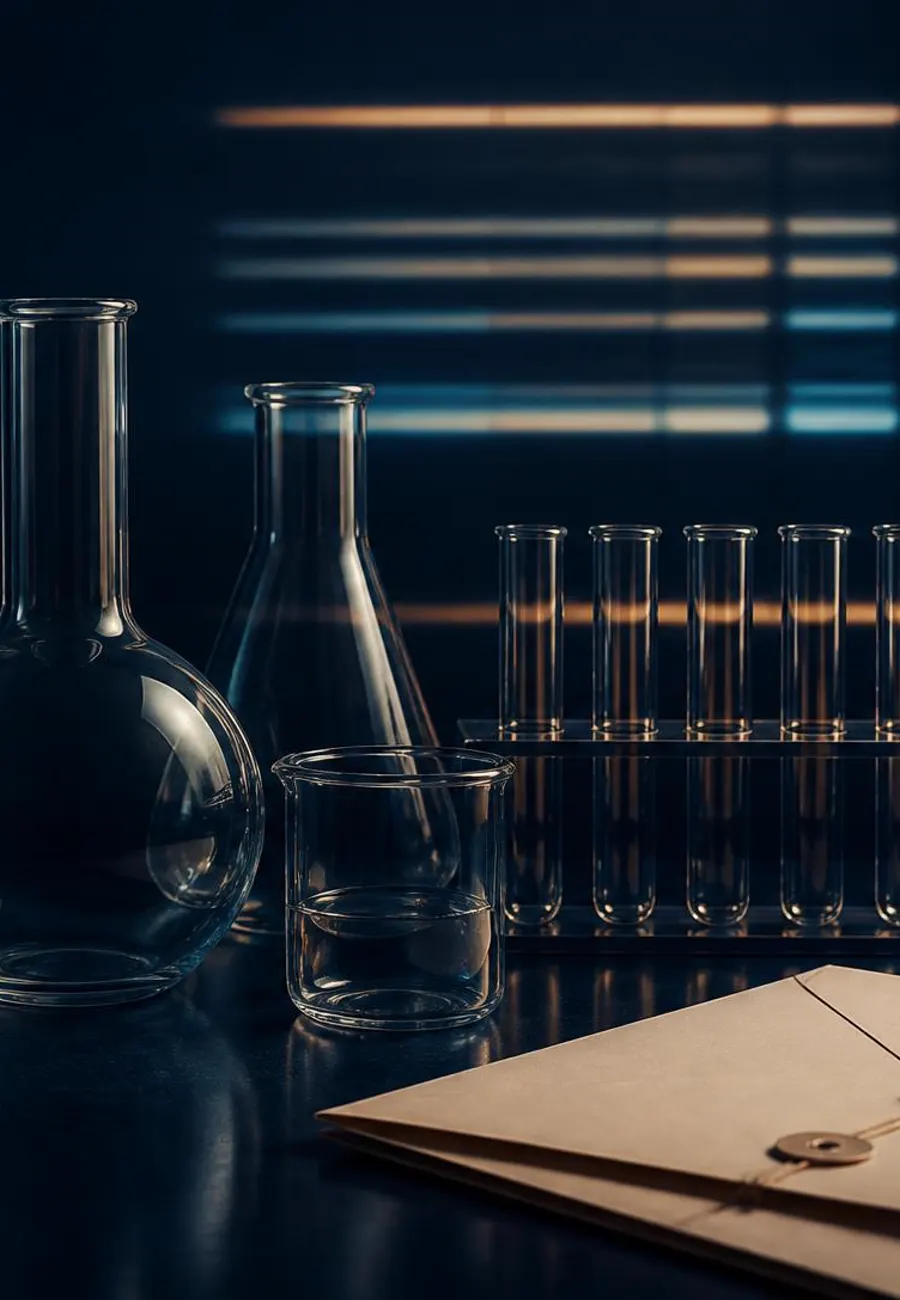 Laboratory glassware and test tubes on a dark table beside a sealed evidence envelope
