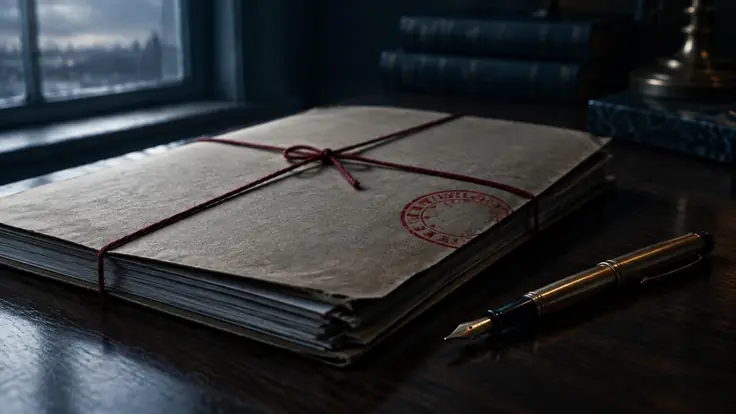 Close-up of a sealed manila court file with a red stamp, resting on a dark wooden desk beside a fountain pen