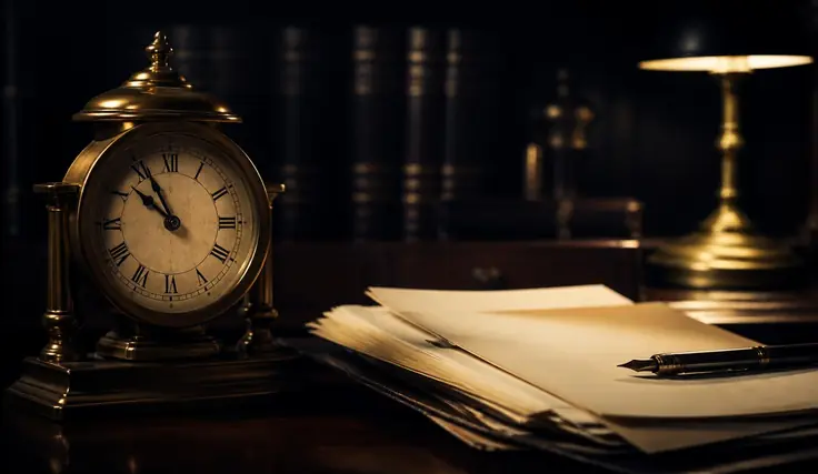 Un reloj de latón junto a una pila de documentos y una pluma sobre un escritorio de noche
